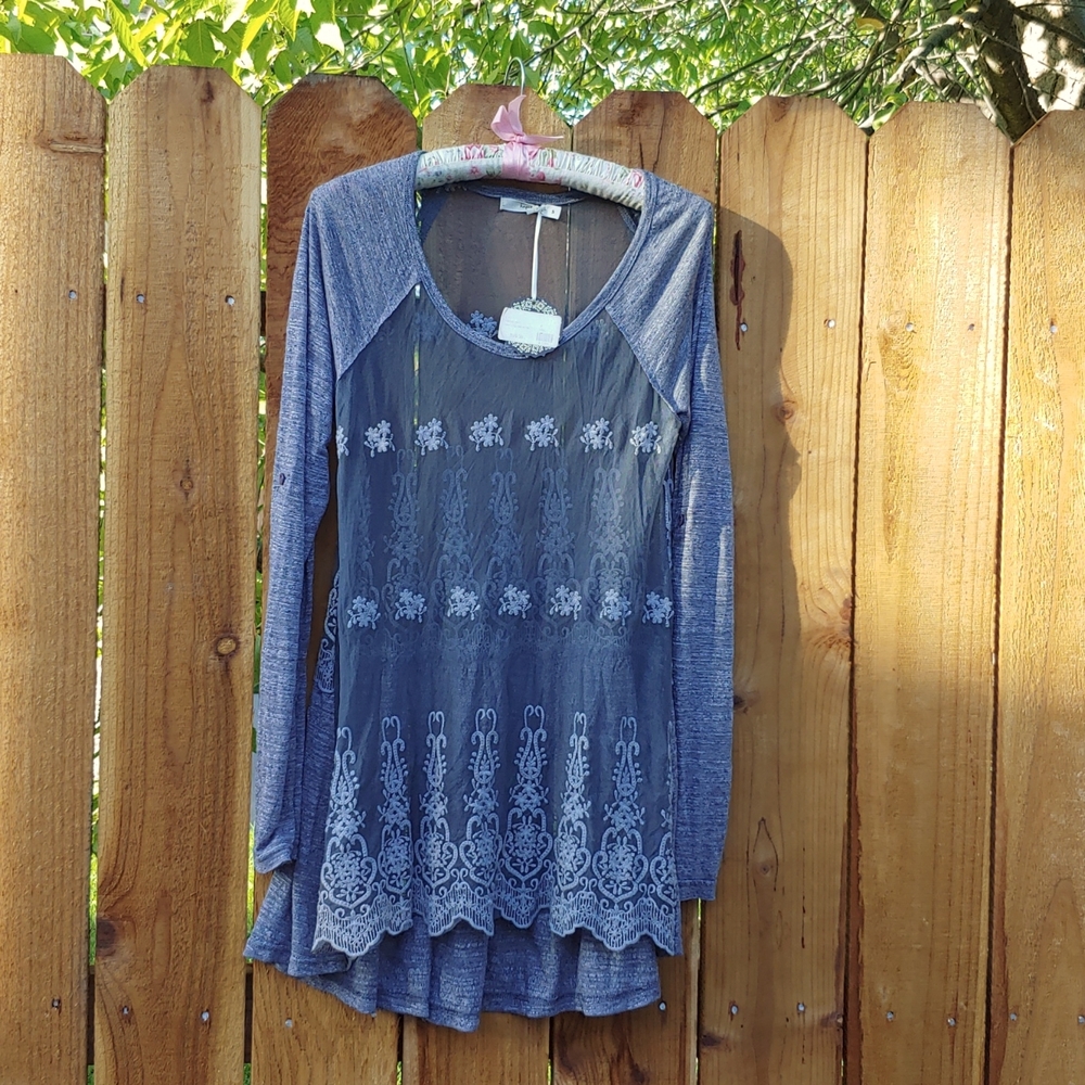 Y2K Embroidered Sheer Mesh Tunic w/ Roll-Tab Sleeves